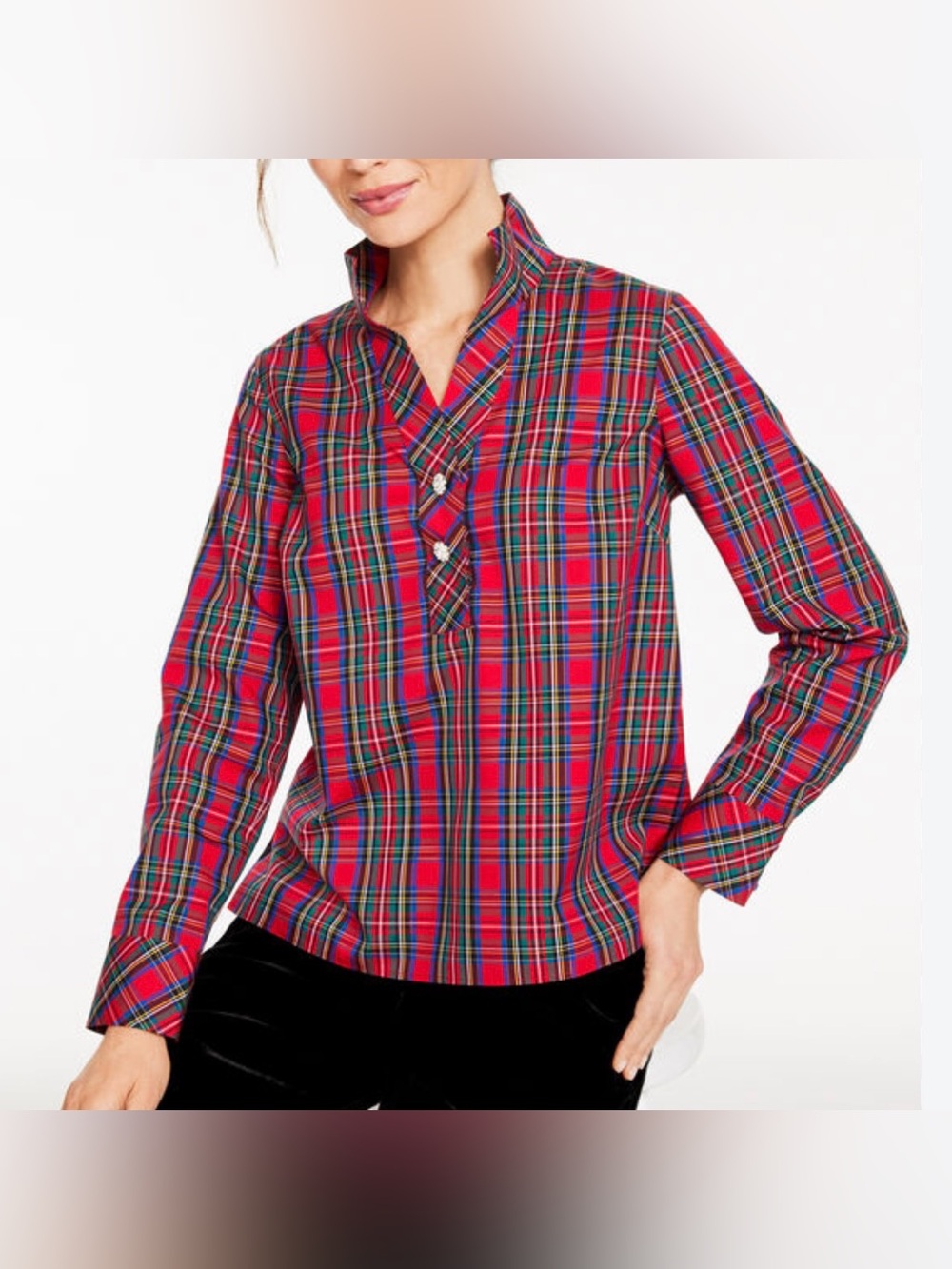 Talbots rhinestone non-iron popover blissful plaid cotton top medium